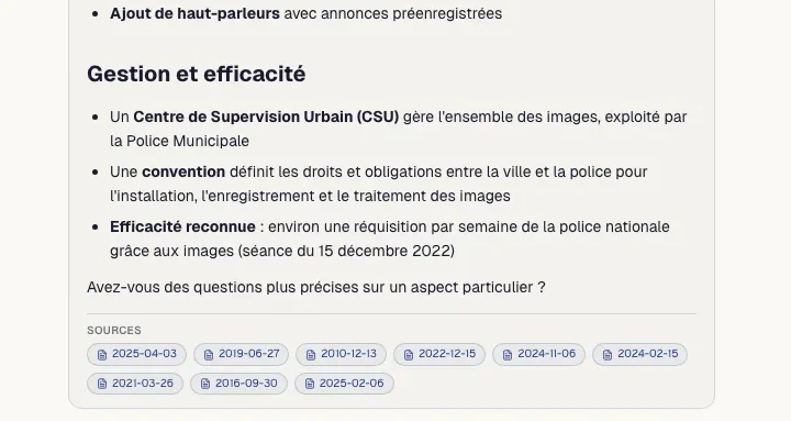 Réponse d’Info-Mairie avec les séances du conseil en sources