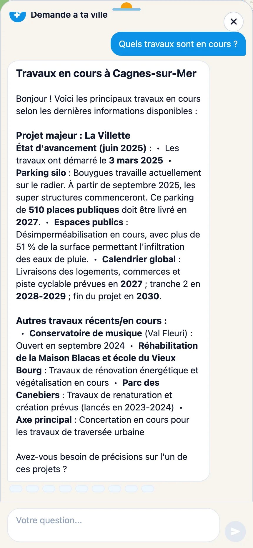 Réponse de l’assistant de la ville sur les travaux en cours