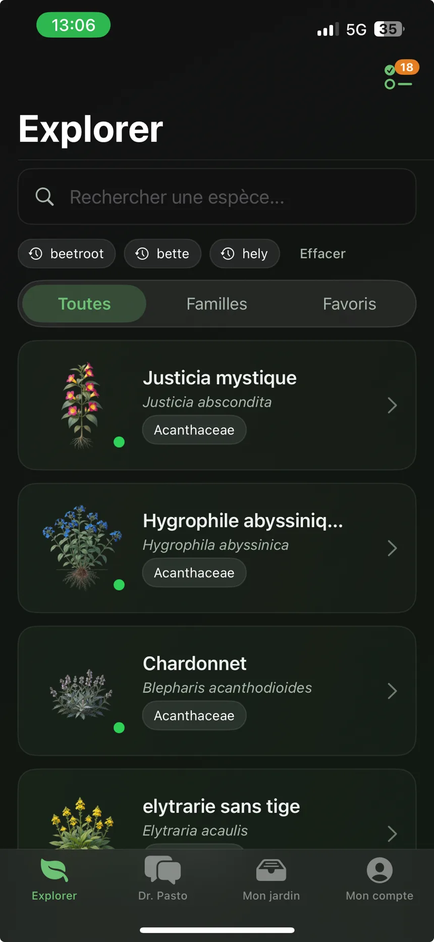 Recherche d’espèces dans l’encyclopédie de Pasto