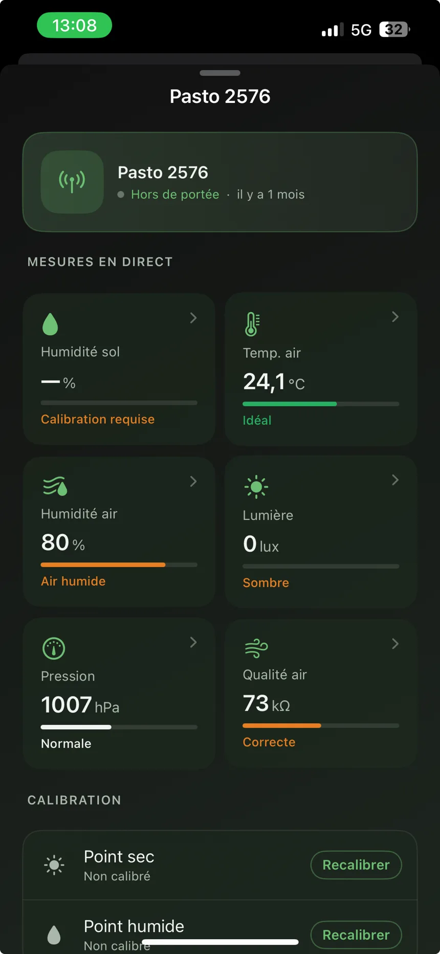 Le capteur Pasto dans l’app : humidité du sol, température, lumière, pression, qualité de l’air